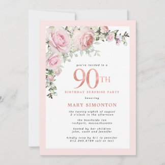 90th Birthday Surprise Party Blush Pink Floral Invitation