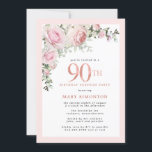 90th Birthday Surprise Party Blush Pink Floral  Invitation<br><div class="desc">Honor a special woman with this elegant and feminine 90th Birthday surprise party invitation. 90th is written in large pink text. birthday surprise party follows. The honored guest's name is also in pink capital letters. Blush pink roses and sage green leaves create a beautiful floral spray at the top. While...</div>