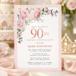 90th Birthday Surprise Party Blush Pink Floral  Invitation<br><div class="desc">Honor a special woman with this elegant and feminine 90th Birthday surprise party invitation. 90th is written in large pink text. birthday surprise party follows. The honored guest's name is also in pink capital letters. Blush pink roses and sage green leaves create a beautiful floral spray at the top. While...</div>
