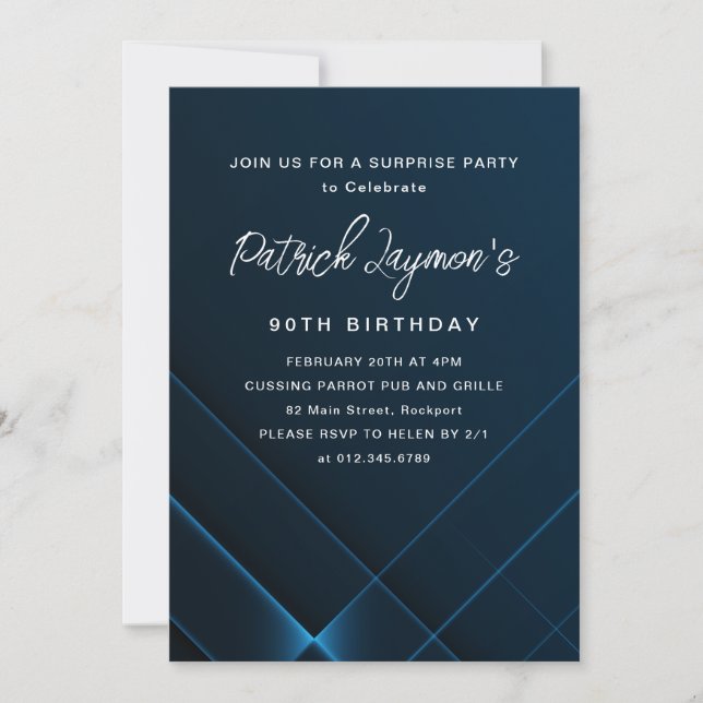 90th Birthday Surprise Party Dark Blue Geometric Invitation (Front)