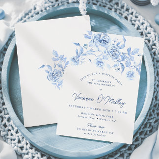 90th Birthday Surprise Party Dusty Blue Floral Invitation