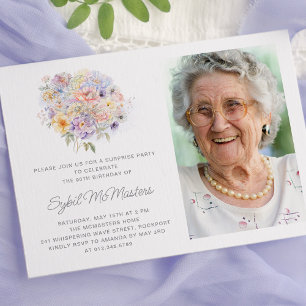 90th Birthday Surprise Party Flower Bouquet Photo Invitation