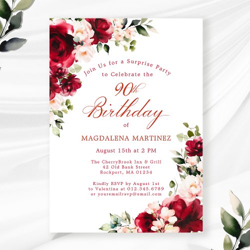 90th Birthday Surprise Party Red Pink Floral Invitation