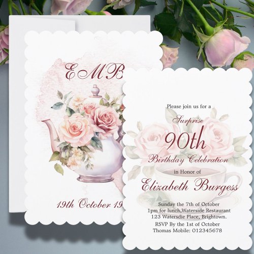 90th Birthday Tea Party Floral Rose Birthday Invitation