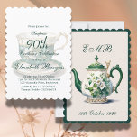 90th Birthday Tea Party Green Regency Birthday Invitation<br><div class="desc">A 90th Birthday Monogram Birthday Invitation featuring an elegant tea pot and teacup. The age can be changed for any age .not just 90. The information is easily changed to your own custom information with the word surprise able to be removed , the age changed and the date of birth...</div>