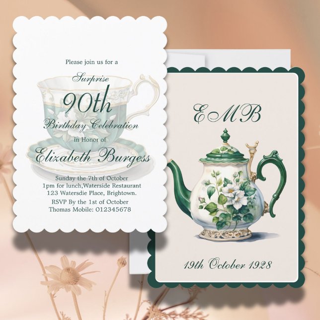 90th Birthday Tea Party Green Regency Birthday Invitation (Creator Uploaded)