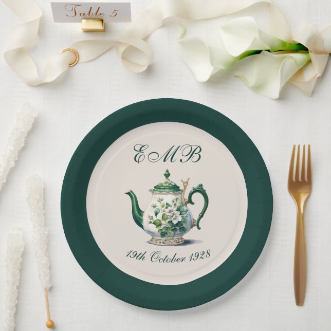 90th Birthday Tea Party Green Regency Birthday Paper Plates (Wedding)