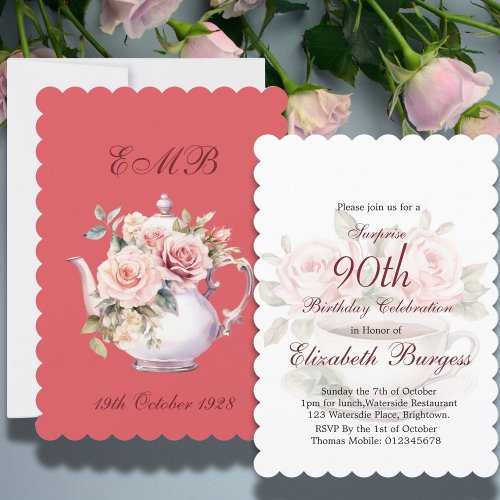 90th Birthday Tea Party Pink Floral Rose Birthday Invitation