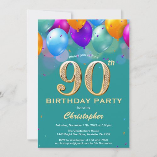 90th Birthday Teal and Gold Colorful Balloons Invitation