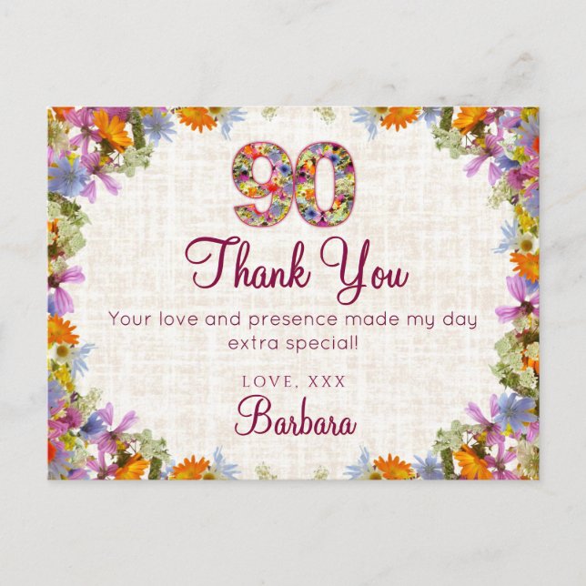 90th Birthday Thank You – Elegant Floral Design Postcard (Front)