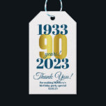 90th Birthday Thank You Gift Tags<br><div class="desc">A bold and striking 90th birthday thank you gift tag. This special milestone birthday tag consists of birth and birthday date in blue typography - with the 90 highlighted in a gold effect font.  Add a message for a custom party gift thank you.</div>
