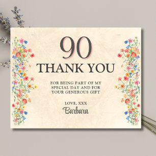 90th Birthday Thanks Floral Elegant Celebration Thank You Card