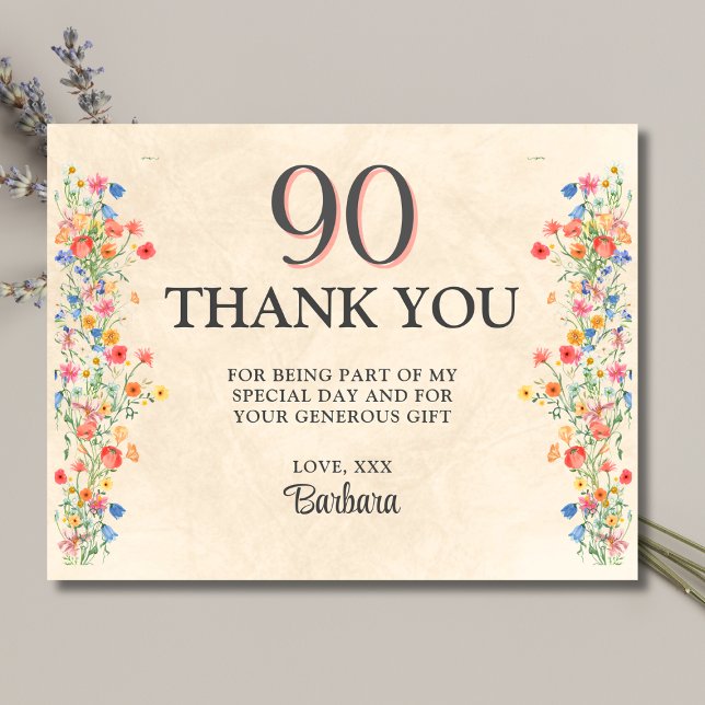 90th Birthday Thanks Wildflower Elegant Party Thank You Card (Creator Uploaded)