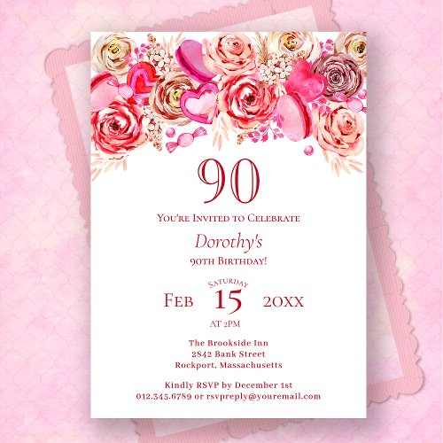90th Birthday Valentine Pink Rose Swirly Heart Invitation