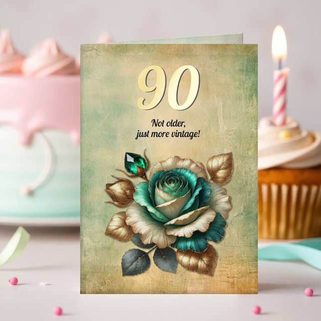 90th Birthday Vintage Emerald Green Rose Flower Foil Greeting Card (Creator Uploaded)