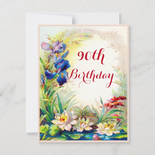 90th Birthday Vintage Waterlilies and Iris Flowers Invitation (Front)