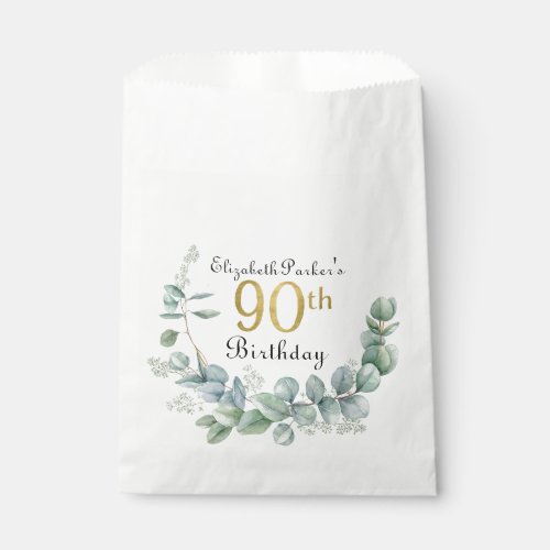 90th Birthday Watercolor Eucalyptus Gold Faux Foil Favor Bag