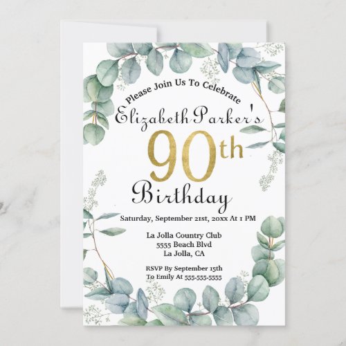 90th Birthday Watercolor Eucalyptus Gold Faux Foil Invitation