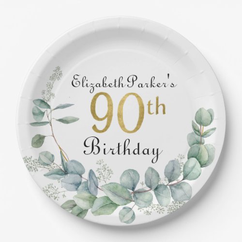 90th Birthday Watercolor Eucalyptus Gold Faux Foil Paper Plates