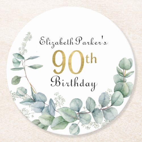 90th Birthday Watercolor Eucalyptus Gold Faux Foil Round Paper Coaster