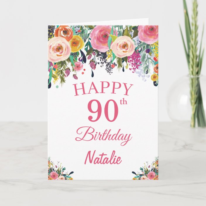 90th Birthday Watercolor Floral Flowers Pink Card