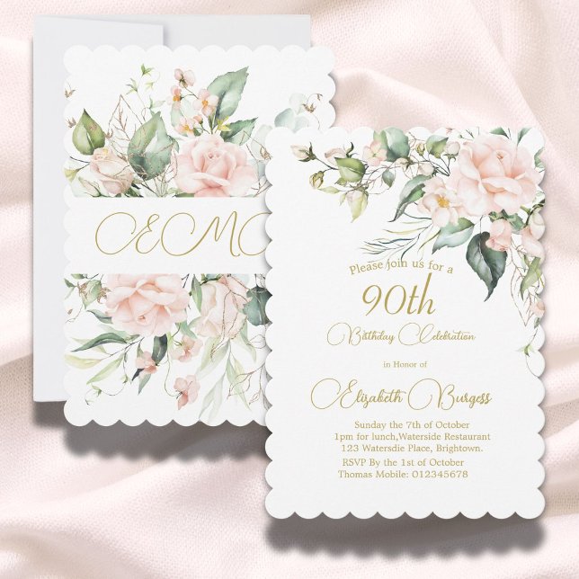 90th Birthday Watercolor Floral Monogram Elegant  Invitation (Creator Uploaded)