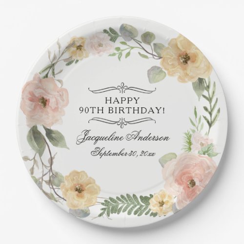 90th Birthday Watercolor Floral Yellow Pink Roses Paper Plates