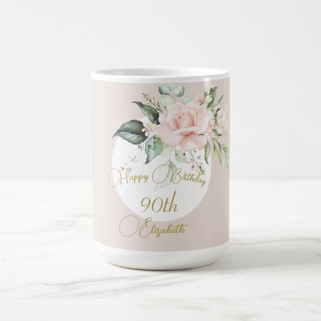 90th Birthday Watercolor Pink Floral Elegant  Coffee Mug (Center)