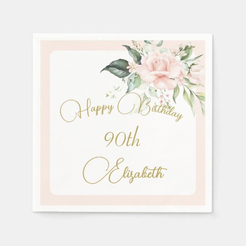 90th Birthday Watercolor Pink Floral Elegant  Napkins