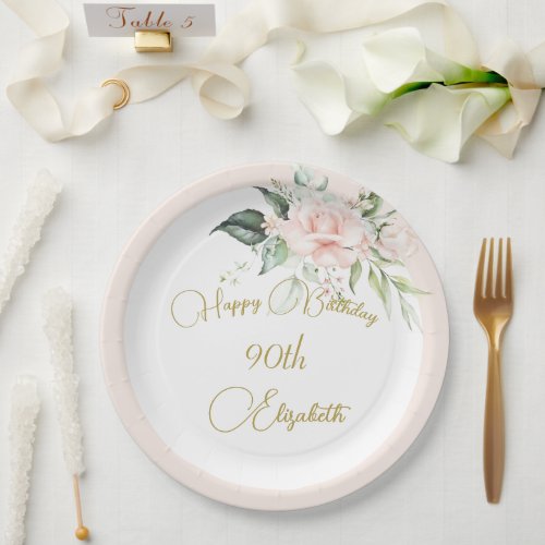 90th Birthday Watercolor Pink Floral Elegant  Paper Plates