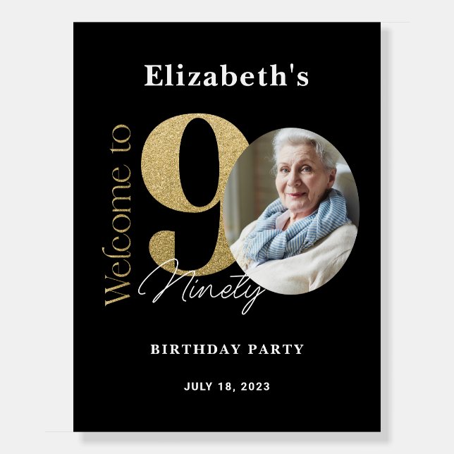 90th Birthday Welcome Sign Black Gold (Front)