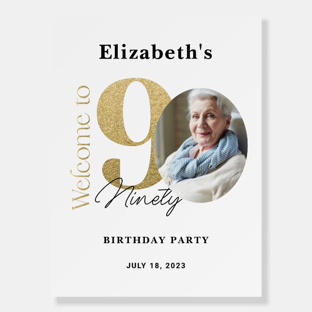 90th Birthday Welcome Sign White Gold (Front)