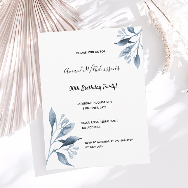 90th birthday white blue botanical invitation postcard (Creator Uploaded)