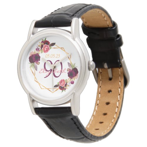 90th birthday white floral gold geometric burgundy watch