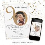 90th Birthday White Gold Calligraphy Custom Photo Invitation<br><div class="desc">90th Birthday White Gold Calligraphy Custom Photo Invitation. And elegantly designed special birthday celebration invitation,  featuring a custom photo of birthday person and script calligraphy with vintage flourish elements. Simple enough to fit a variety of themes and colors!
Need help? Simply contact me!</div>