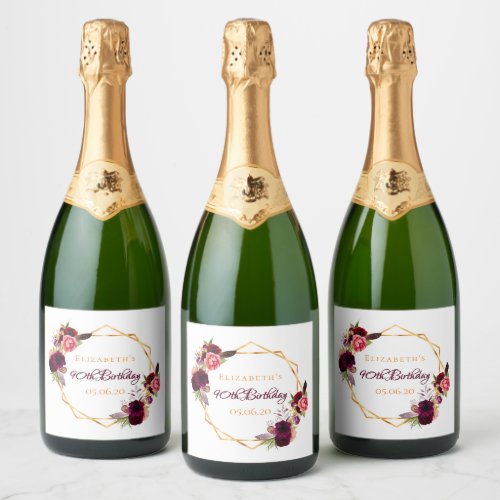 90th birthday white gold geometric floral sparkling wine label