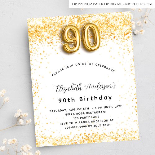 90th birthday white gold glitter budget invitation flyer