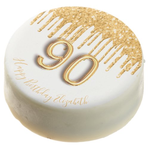 90th birthday white gold glitter drips name chocolate covered oreo