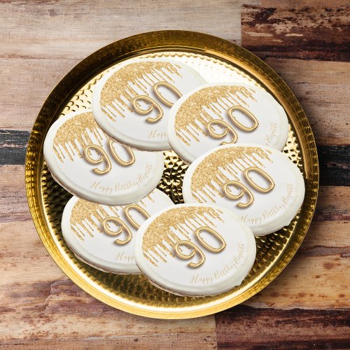90th birthday white gold glitter drips name sugar cookie