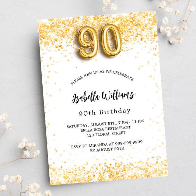 90th birthday white gold glitter elegant invitation postcard (Creator Uploaded)