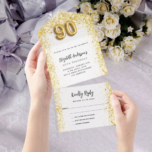 90th birthday white gold party RSVP All In One Invitation