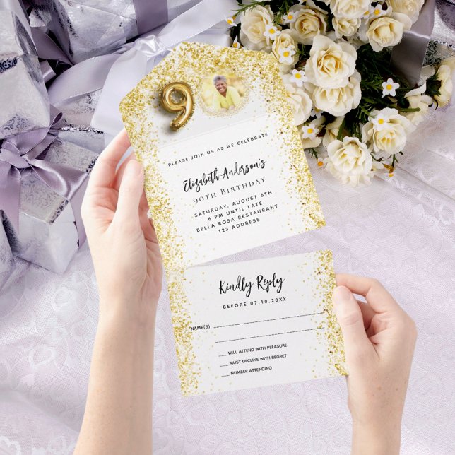 90th birthday white gold photo party RSVP All In One Invitation (Creator Uploaded)