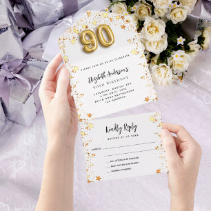 90th birthday white gold stars party RSVP All In One Invitation