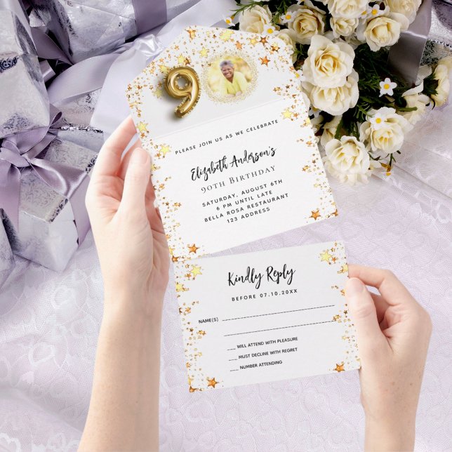90th birthday white gold stars photo party RSVP All In One Invitation (Creator Uploaded)