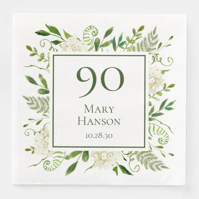 90th Birthday White Hydrangeas Paper Dinner Napkins (Front)