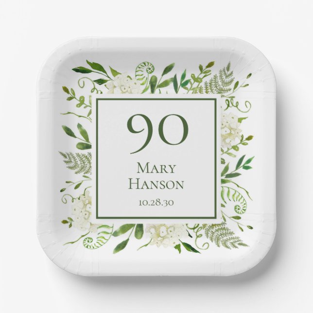 90th Birthday White Hydrangeas Paper Plates (Front)