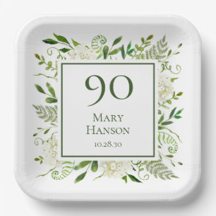 90th Birthday White Hydrangeas Paper Plates