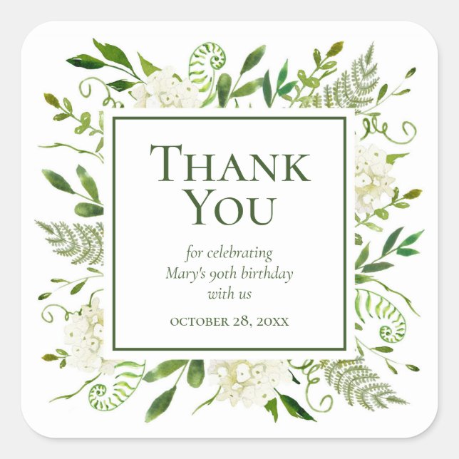 90th Birthday White Hydrangeas Thank You Square Sticker (Front)