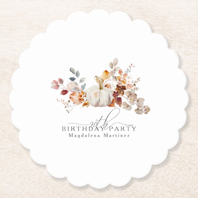 90th Birthday White Pumpkin Fall Flowers Custom Paper Coaster (Front)