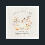 90th Birthday White Pumpkin Fall Leaves Custom Napkins<br><div class="desc">Modern and elegant white pumpkin and fall leaves botanical design. The soft watercolor palette is a sophisticated blend of soft terracotta golden yellow sage and brown. Perfect for your fall birthday party.</div>